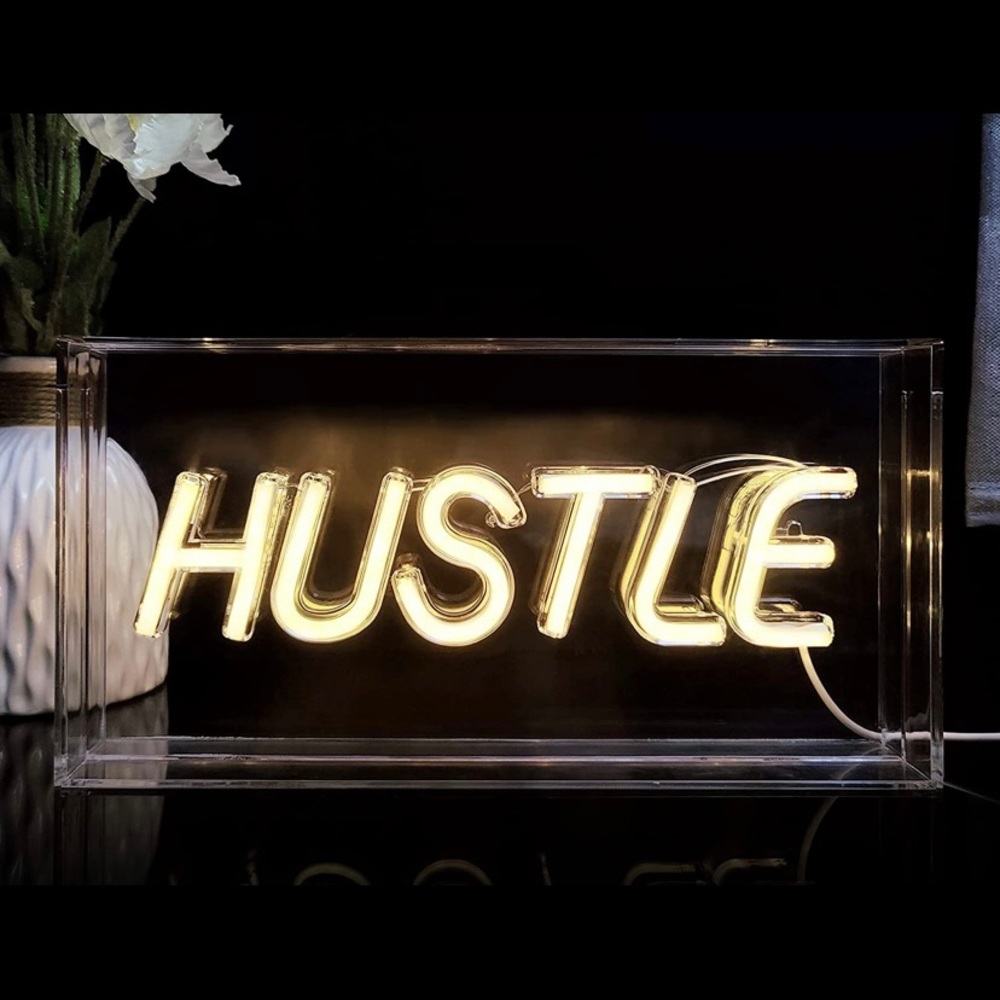 Neon sign LED light for bedroom decor. Acrylic framed. “Hustle”